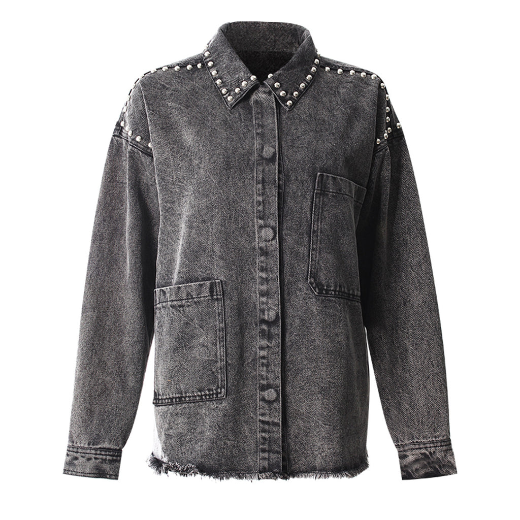 Autumn Detail Shirt Black Gray Hem Frayed Rivet Ornament Collared Long Sleeve Denim Shacket Women