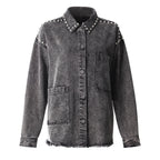 Autumn Detail Shirt Black Gray Hem Frayed Rivet Ornament Collared Long Sleeve Denim Shacket Women
